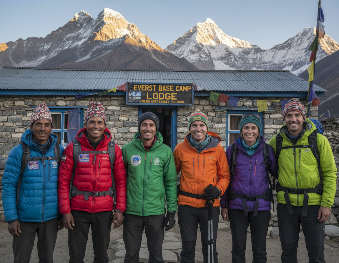 Local guides and trekkers in Nepal mountains