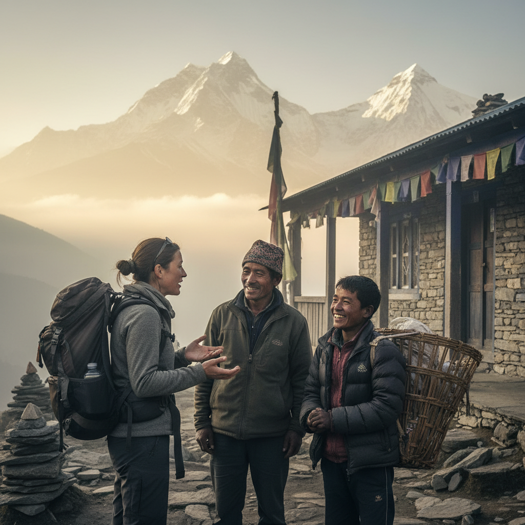 Local guide and traveler near Khumjung, Nepal